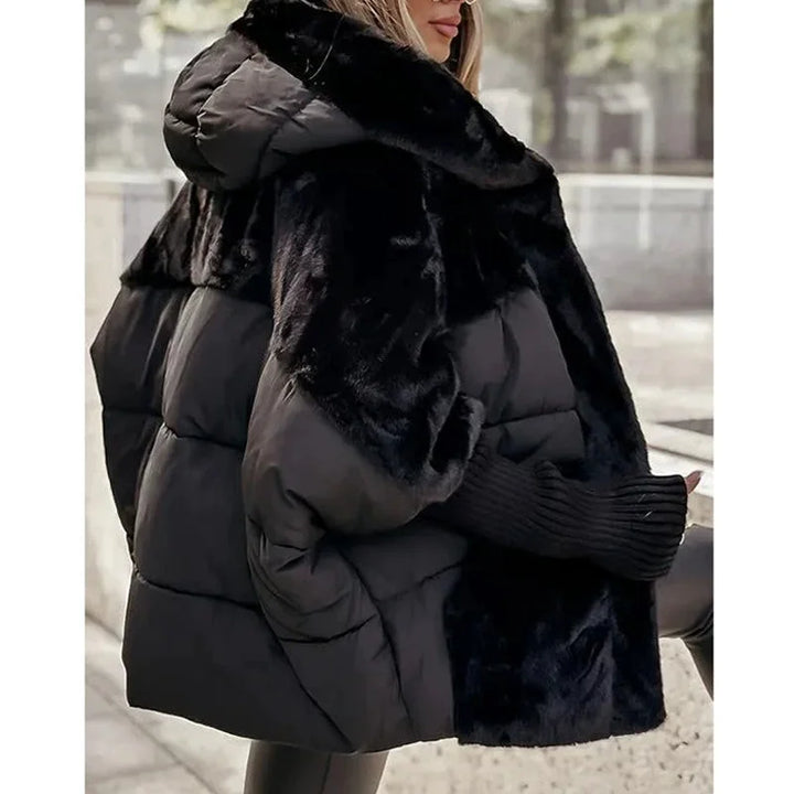 Women's quilted zip-up hood puffer jacket with faux fur panels