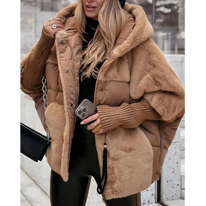 Women's quilted zip-up hood puffer jacket with faux fur panels