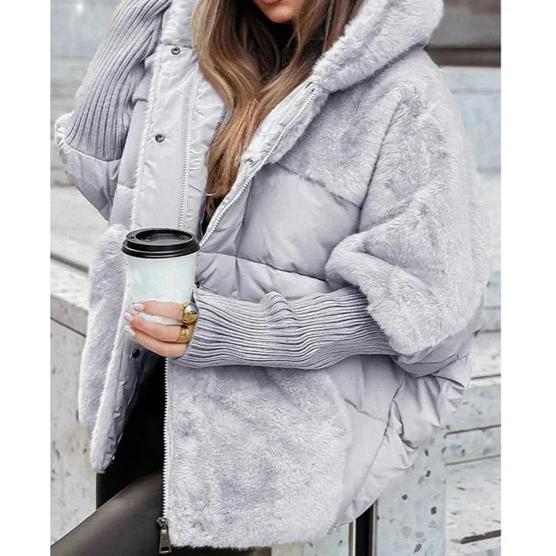 Women's quilted zip-up hood puffer jacket with faux fur panels