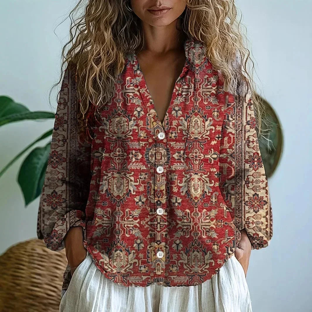 Women's long sleeve V-neck embroidered blouse