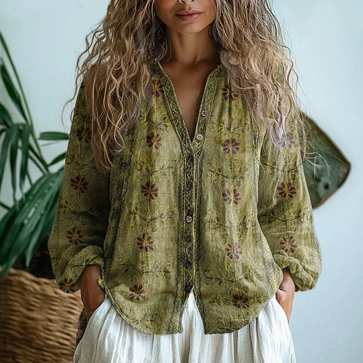 Women's long sleeve V-neck embroidered blouse