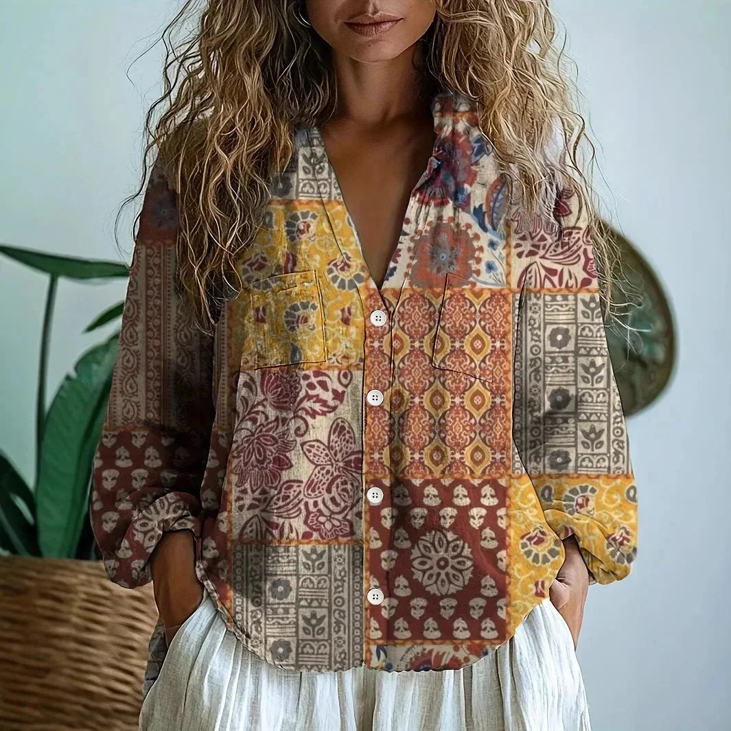 Women's long sleeve V-neck embroidered blouse