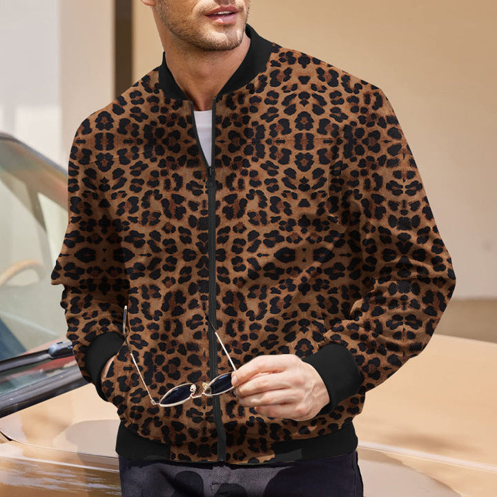 Giacca Autunnale da Uomo con Stampa Leopardata e Chiusura Zip Foderata in Pile