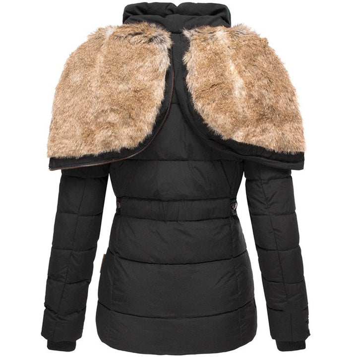 Women's puffer jacket, fitted with fur-lined hood