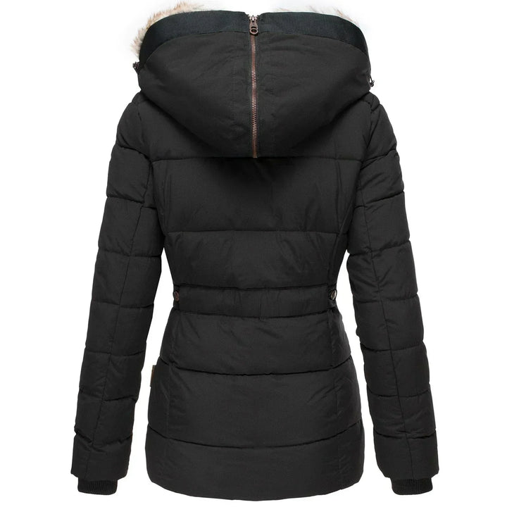 Women's puffer jacket, fitted with fur-lined hood