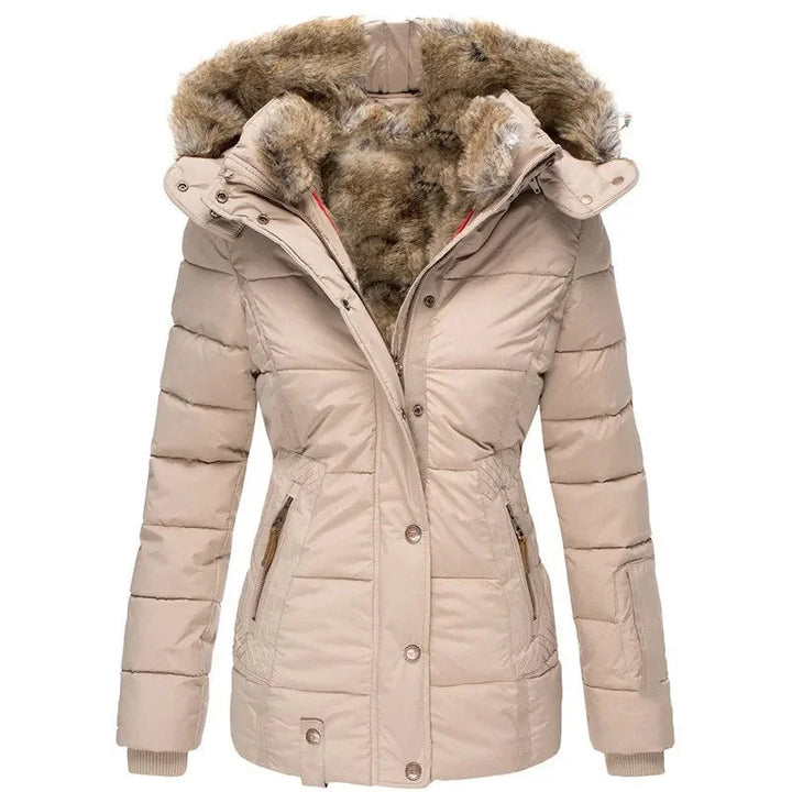 Women's puffer jacket, fitted with fur-lined hood