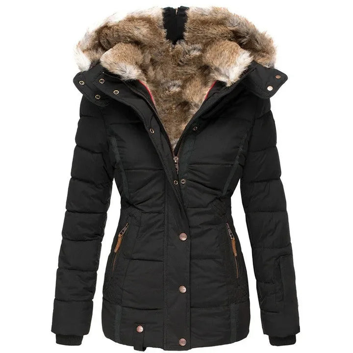 Women's puffer jacket, fitted with fur-lined hood