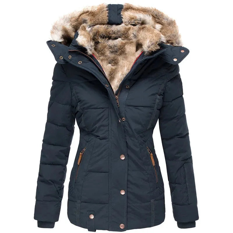 Women's puffer jacket, fitted with fur-lined hood