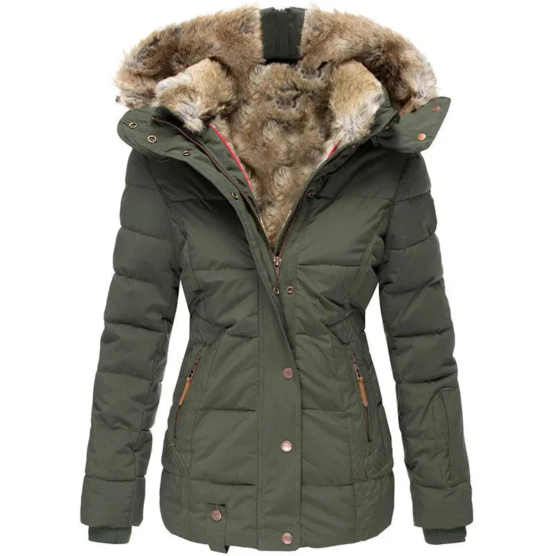 Women's puffer jacket, fitted with fur-lined hood