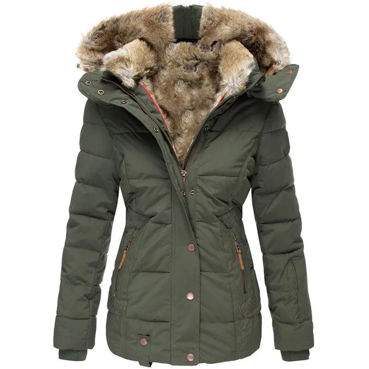 Women's puffer jacket, fitted with fur-lined hood