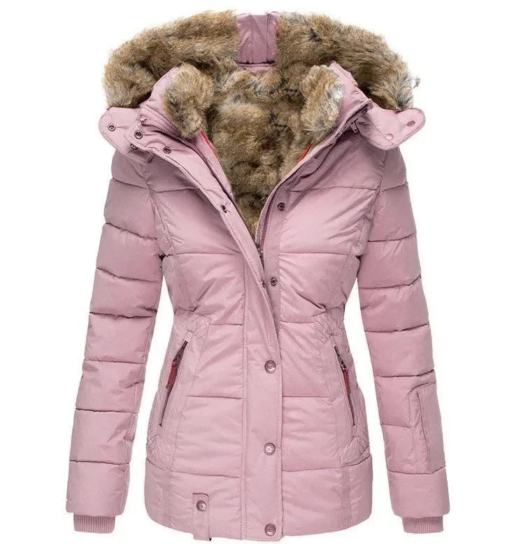 Women's puffer jacket, fitted with fur-lined hood