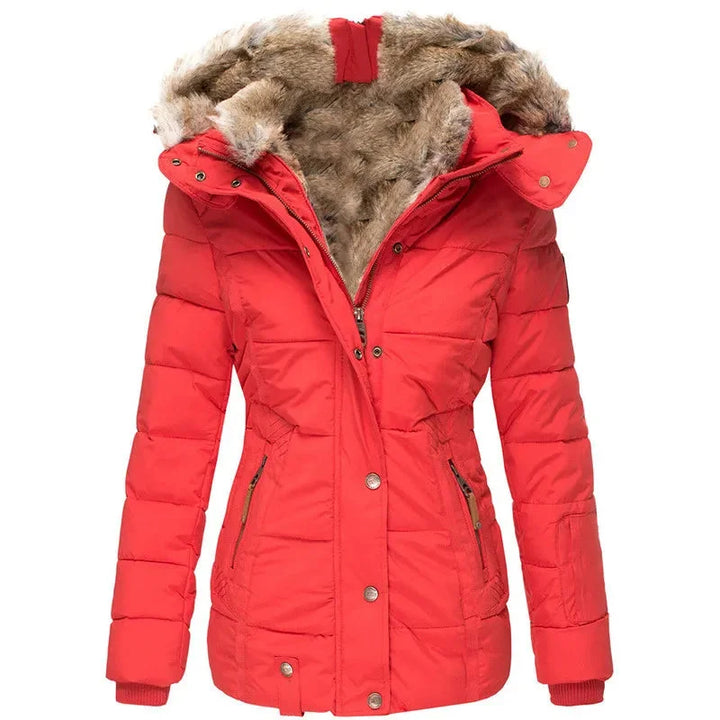 Women's puffer jacket, fitted with fur-lined hood