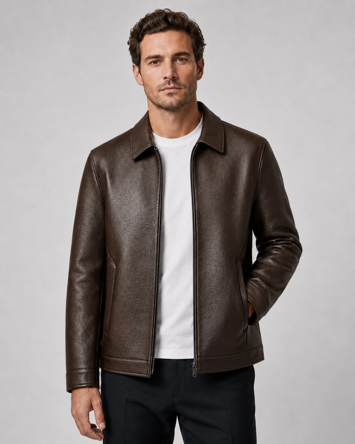 Kacob | Men's Faux Leather Collared Zip Jacket