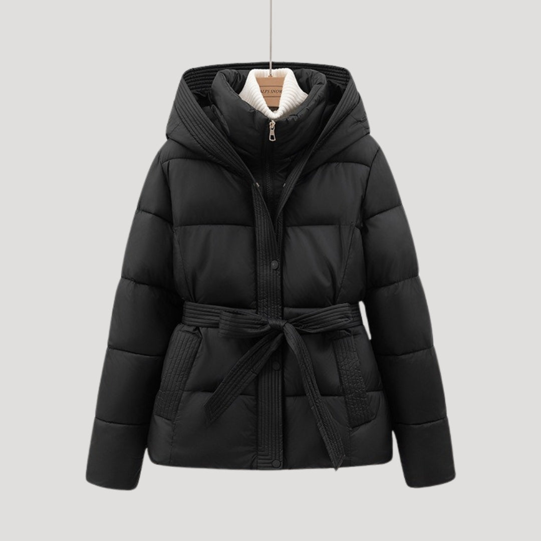 Kacob | Women's Belted Hooded Puffer Jacket with Layered Collar