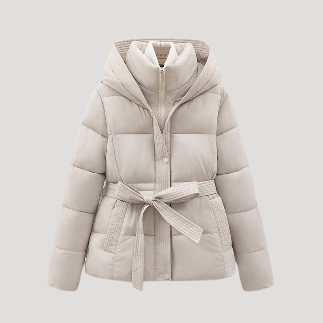 Kacob | Women's Belted Hooded Puffer Jacket with Layered Collar
