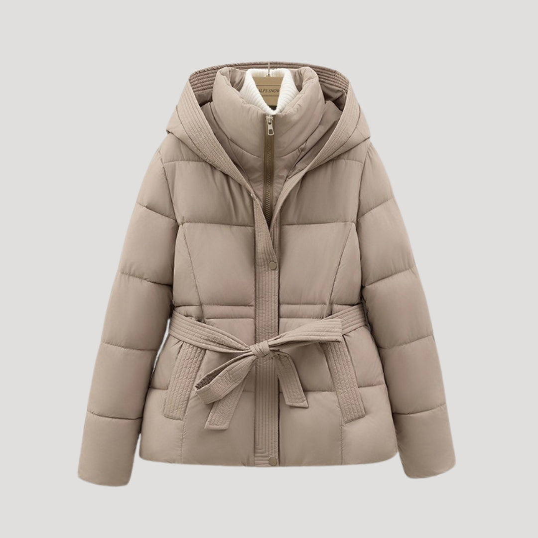 Kacob | Women's Belted Hooded Puffer Jacket with Layered Collar