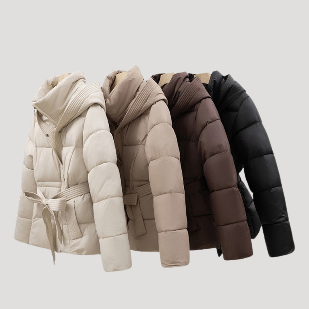 Kacob | Women's Belted Hooded Puffer Jacket with Layered Collar