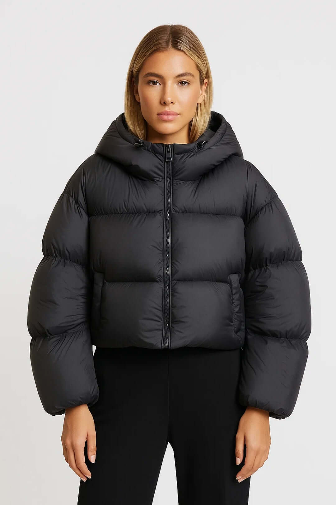 Kacob | Women's Black Cropped Hooded Puffer Jacket