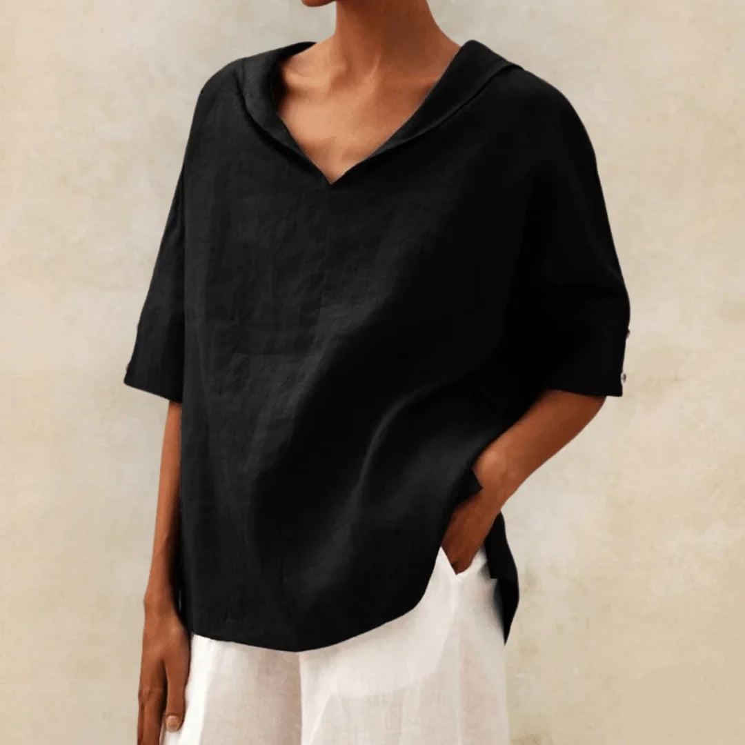 Linen V-Neck Hooded Tunic Top for Women