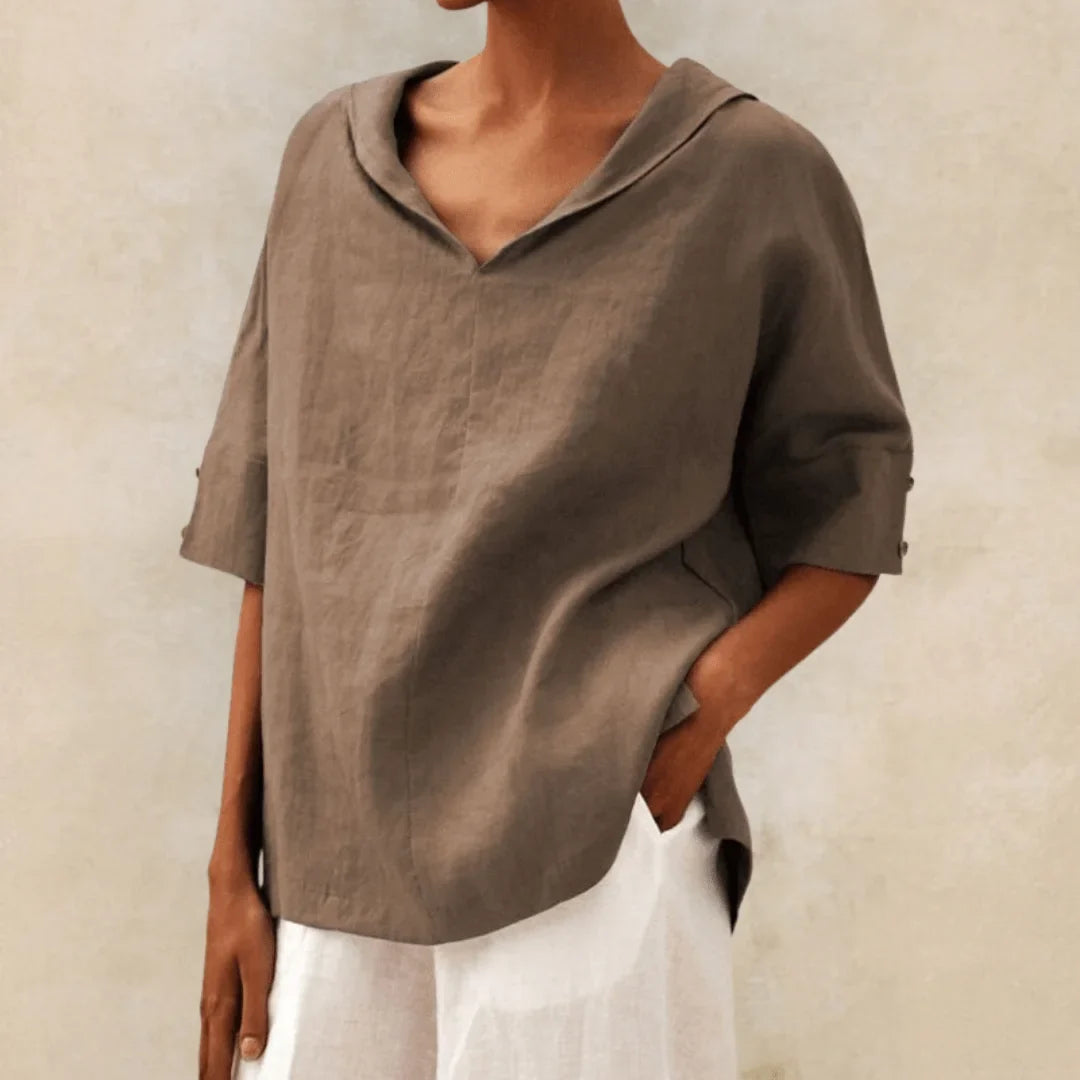 Linen V-Neck Hooded Tunic Top for Women