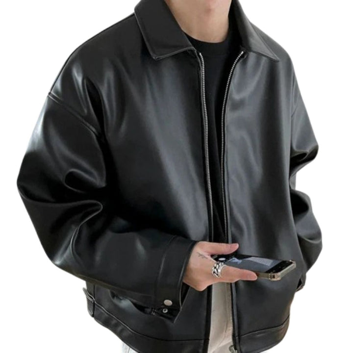 Kacob | Men's Oversized Faux Leather Bomber Jacket – Streetwear Zip Jacket