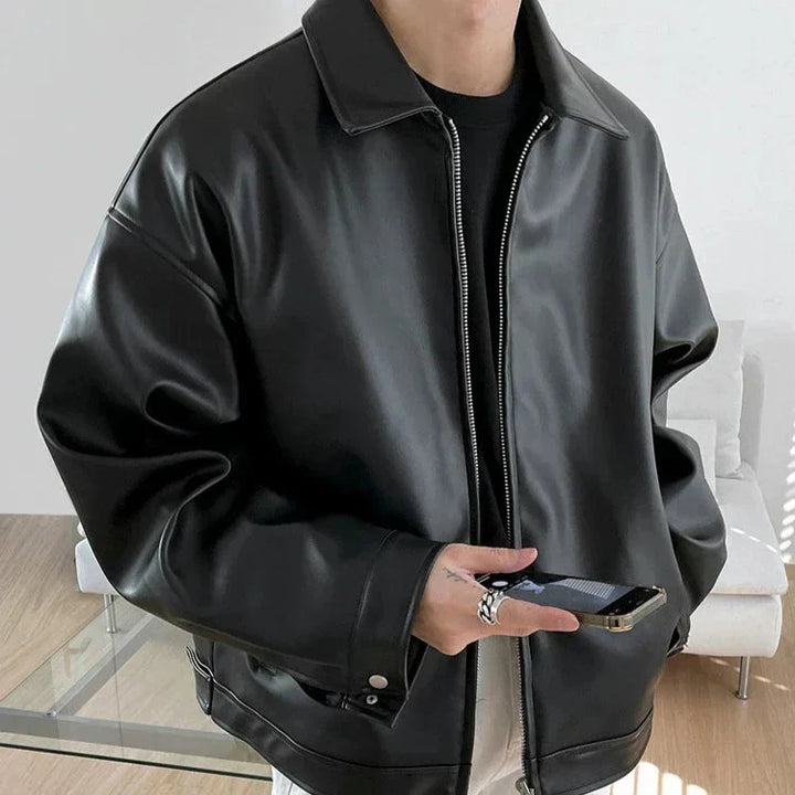 Kacob | Men's Oversized Faux Leather Bomber Jacket – Streetwear Zip Jacket