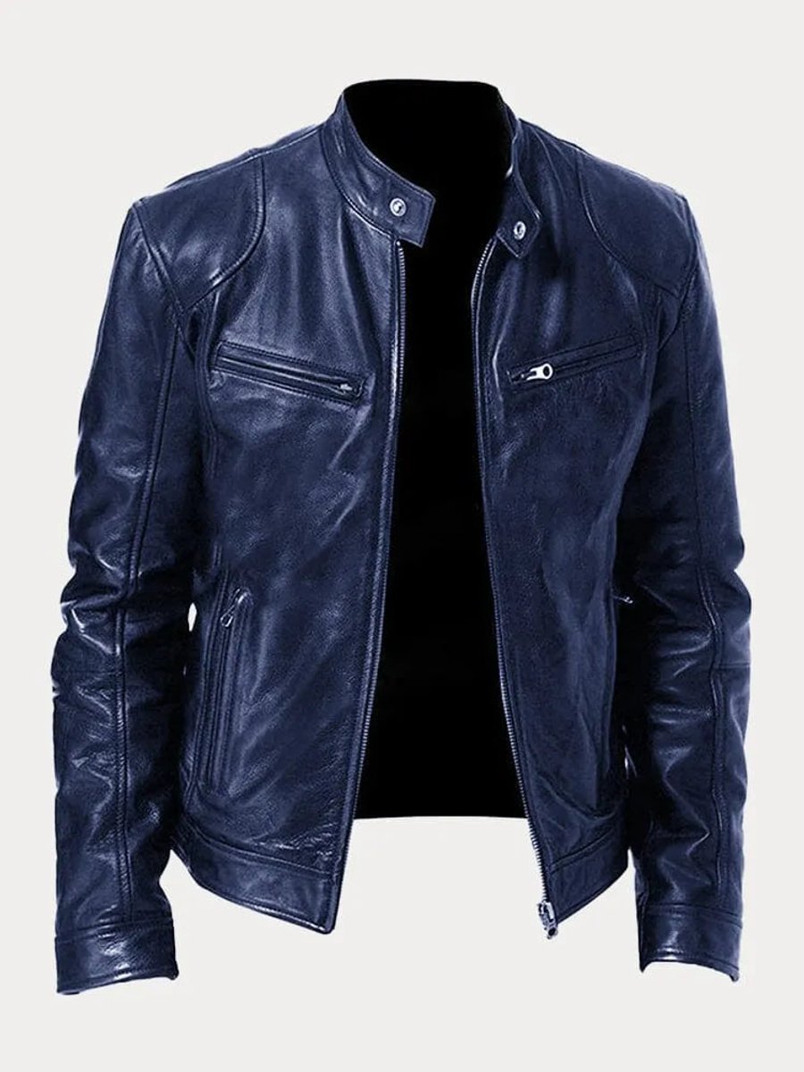 Kacob | Men's Slim Fit Faux Leather Biker Jacket – Stand Collar Zip Up Jacket