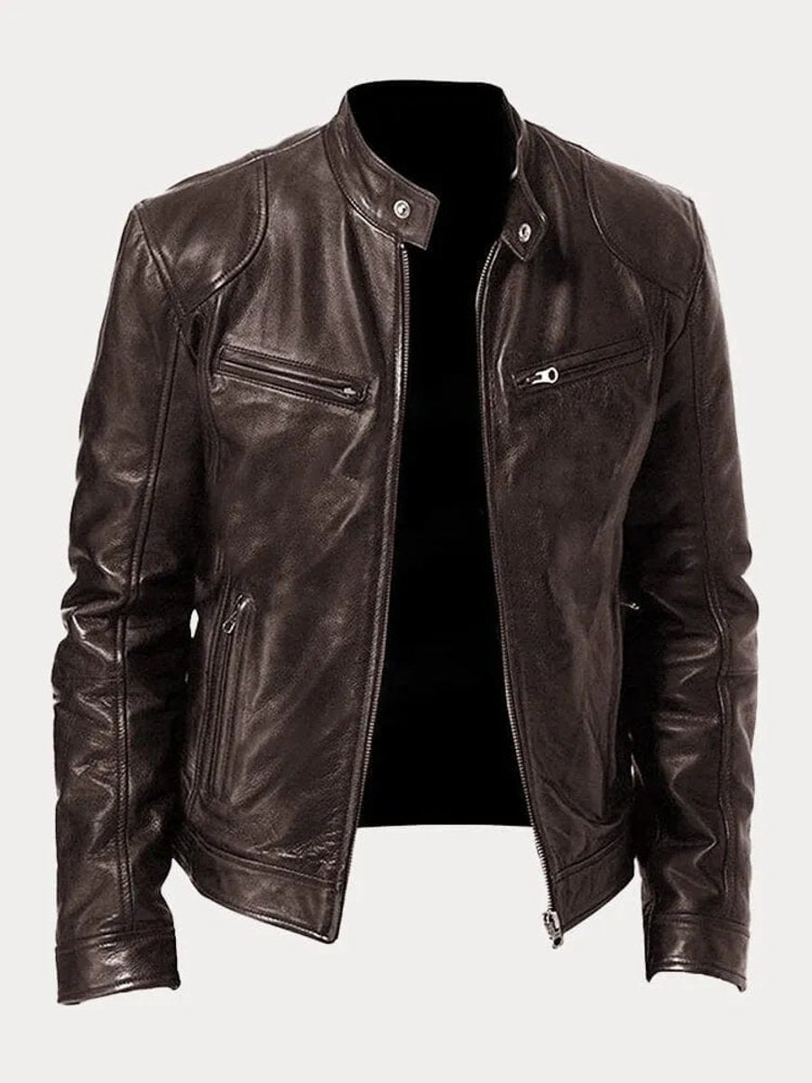 Kacob | Men's Slim Fit Faux Leather Biker Jacket – Stand Collar Zip Up Jacket