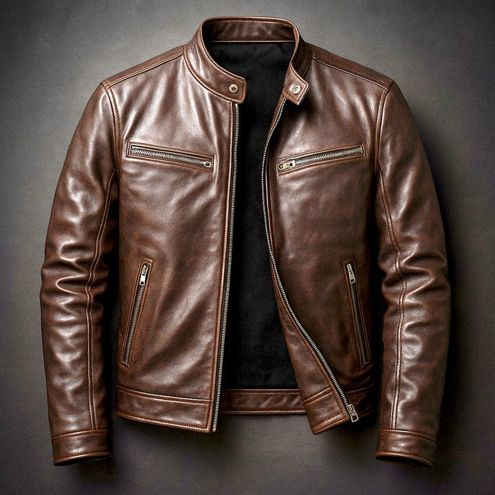 Kacob | Men's Vintage Biker Jacket – Band Collar Moto Jacket with Zip Pockets