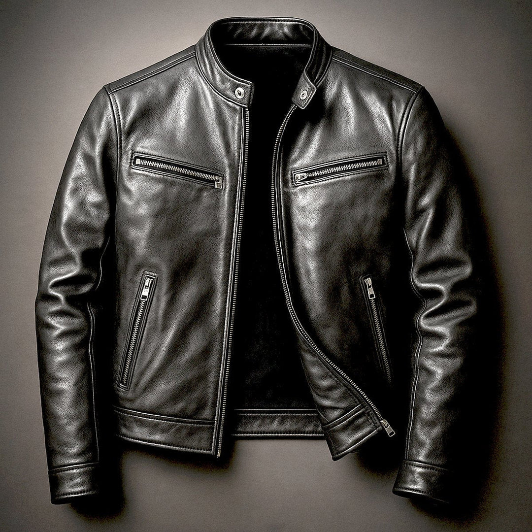 Kacob | Men's Vintage Biker Jacket – Band Collar Moto Jacket with Zip Pockets