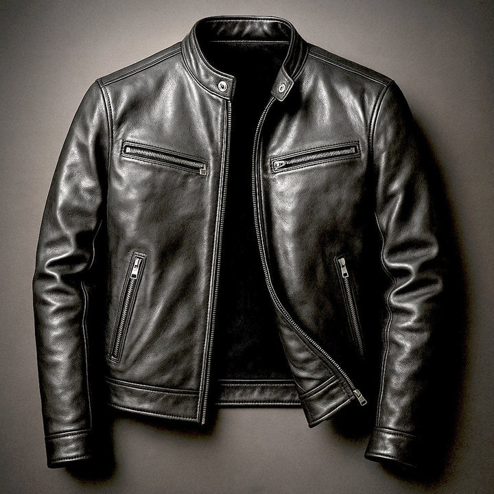 Kacob | Men's Vintage Biker Jacket – Band Collar Moto Jacket with Zip Pockets
