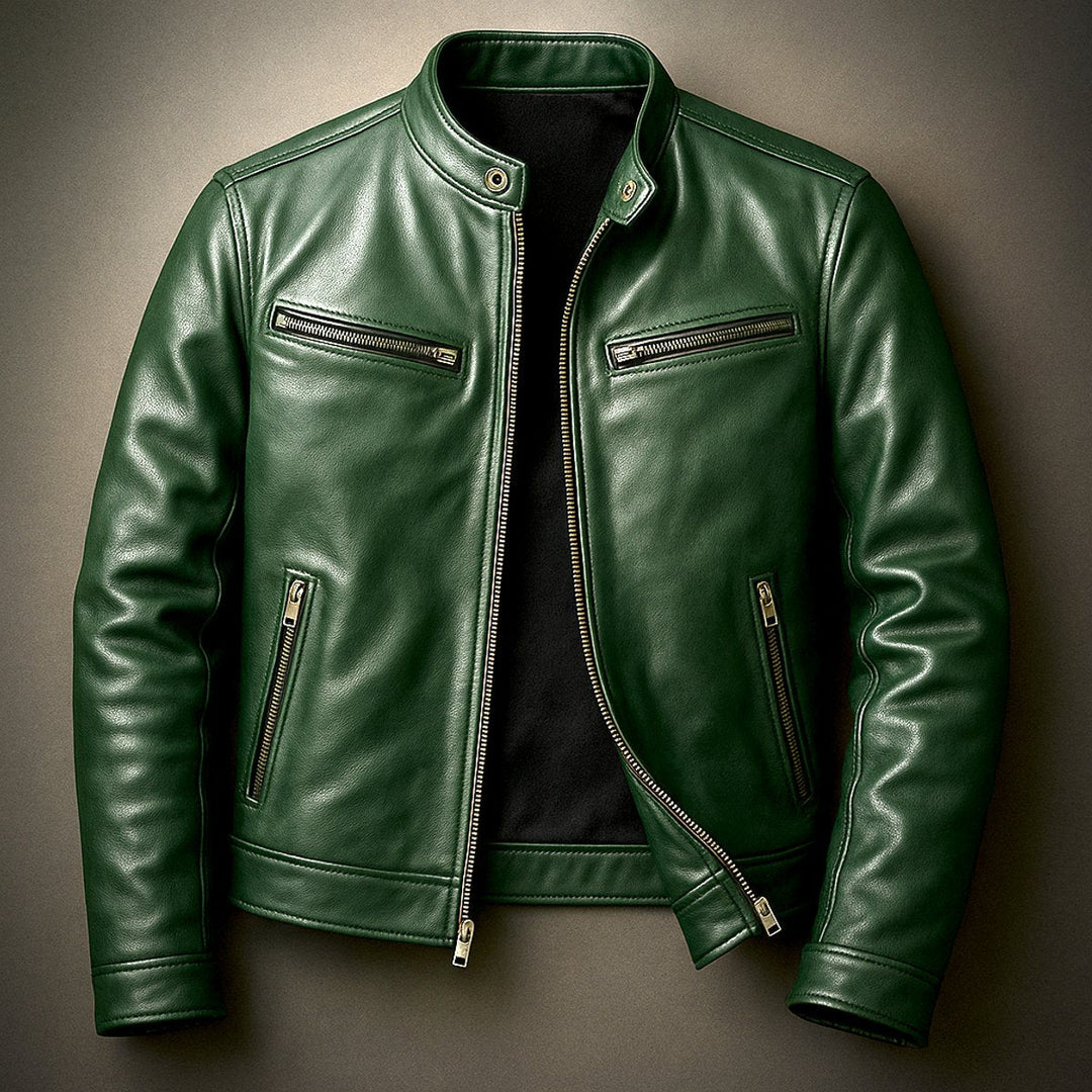 Kacob | Men's Vintage Biker Jacket – Band Collar Moto Jacket with Zip Pockets