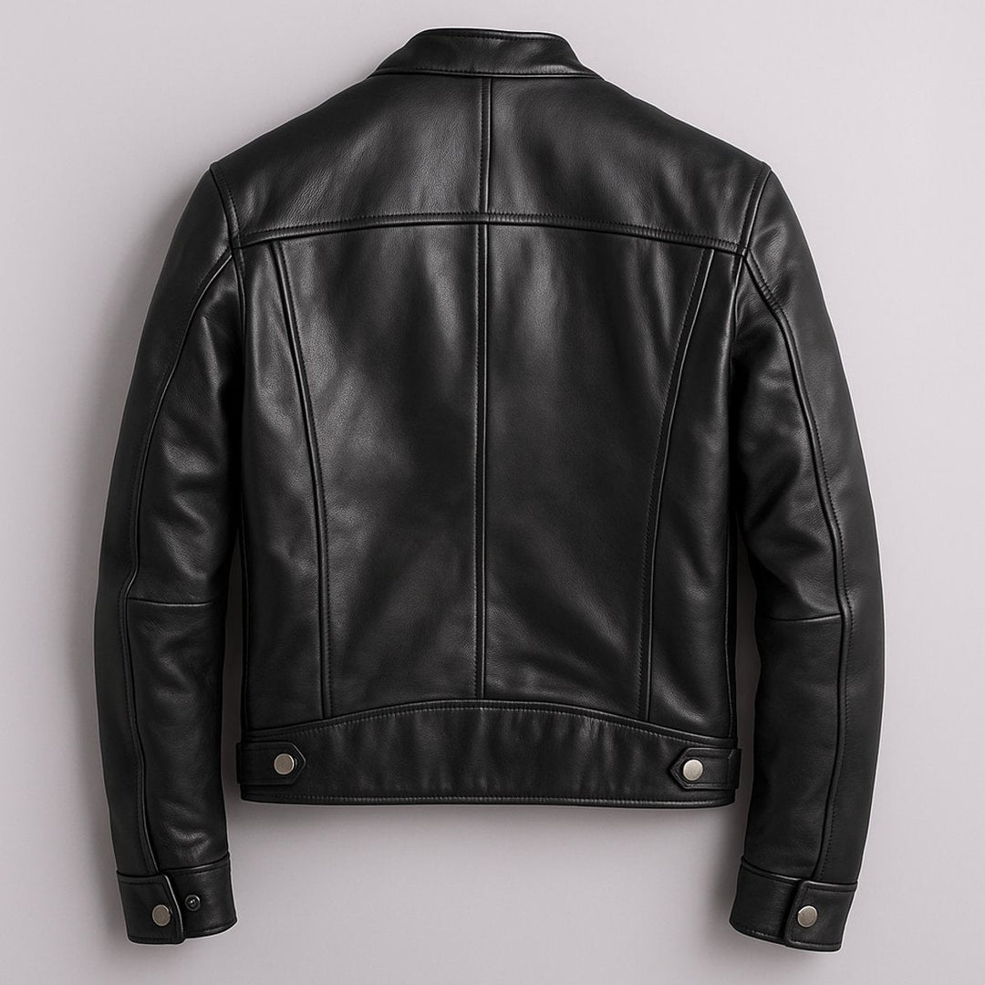Kacob | Men's Vintage Biker Jacket – Band Collar Moto Jacket with Zip Pockets