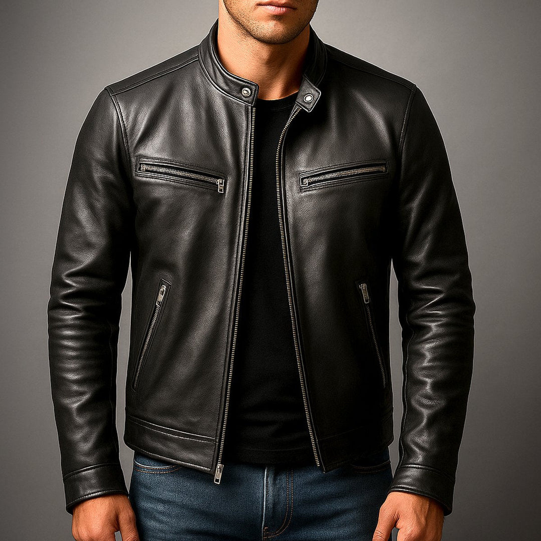 Kacob | Men's Vintage Biker Jacket – Band Collar Moto Jacket with Zip Pockets