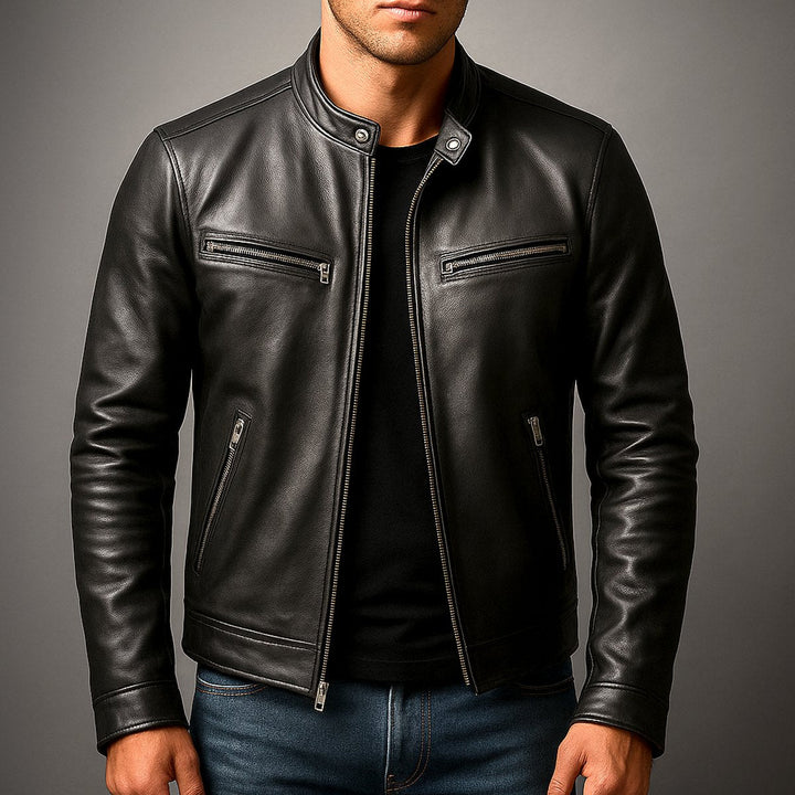 Kacob | Men's Vintage Biker Jacket – Band Collar Moto Jacket with Zip Pockets