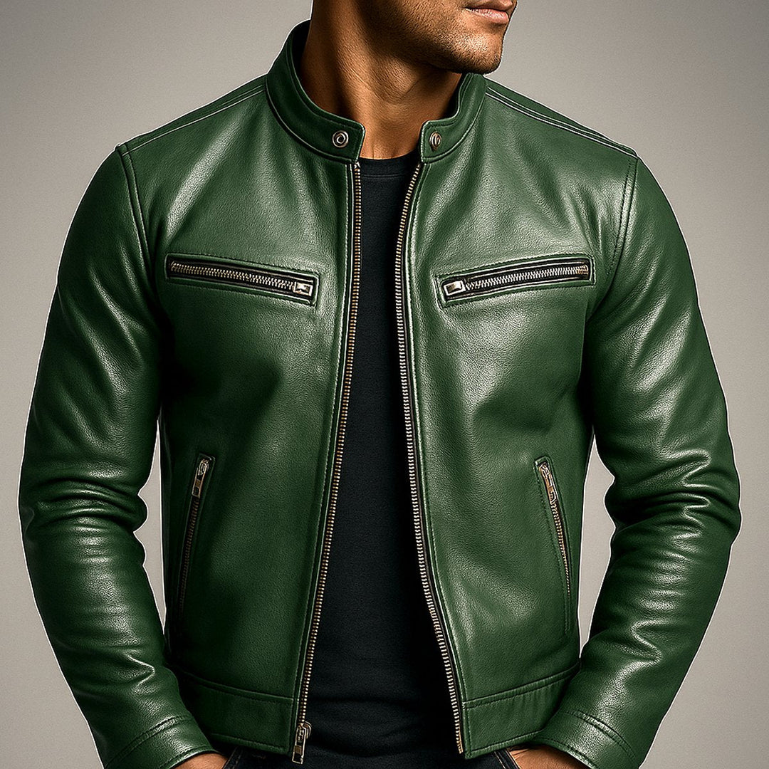 Kacob | Men's Vintage Biker Jacket – Band Collar Moto Jacket with Zip Pockets