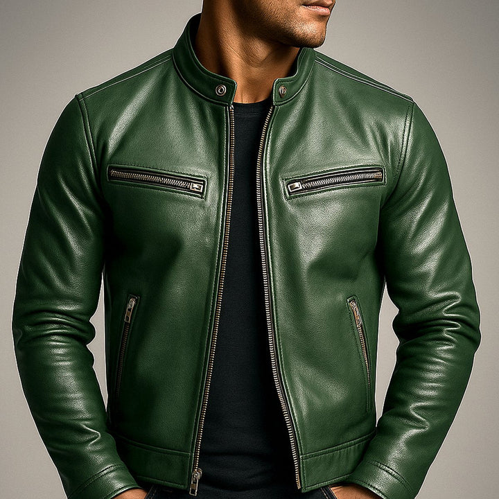 Kacob | Men's Vintage Biker Jacket – Band Collar Moto Jacket with Zip Pockets
