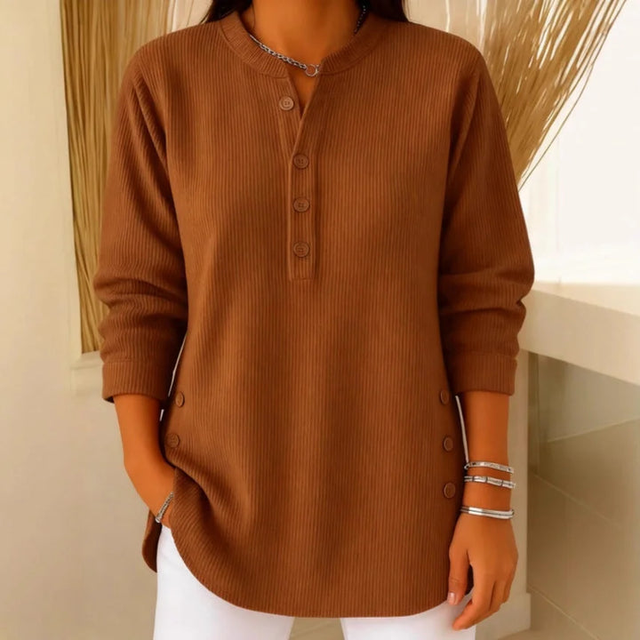 Ribbed Knit Henley Top with Long Sleeves for Women