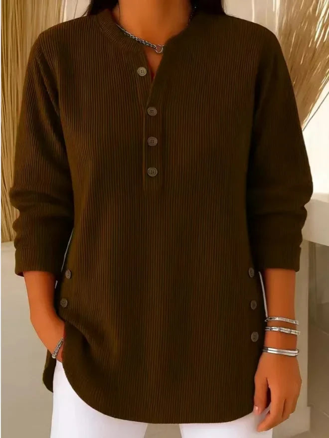 Ribbed Knit Henley Top with Long Sleeves for Women