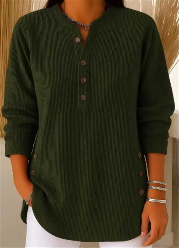 Ribbed Knit Henley Top with Long Sleeves for Women