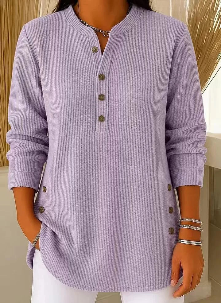Ribbed Knit Henley Top with Long Sleeves for Women