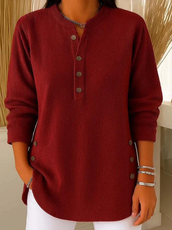 Ribbed Knit Henley Top with Long Sleeves for Women