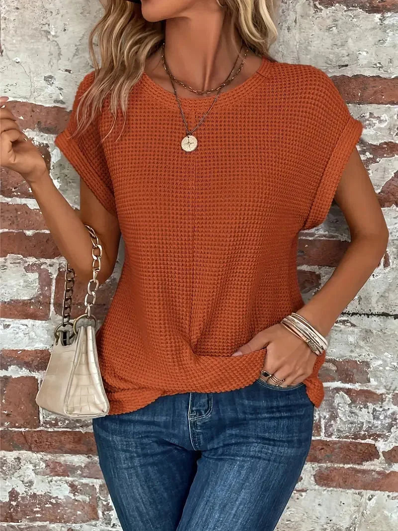 Waffle Knit Short Sleeve Top for Women