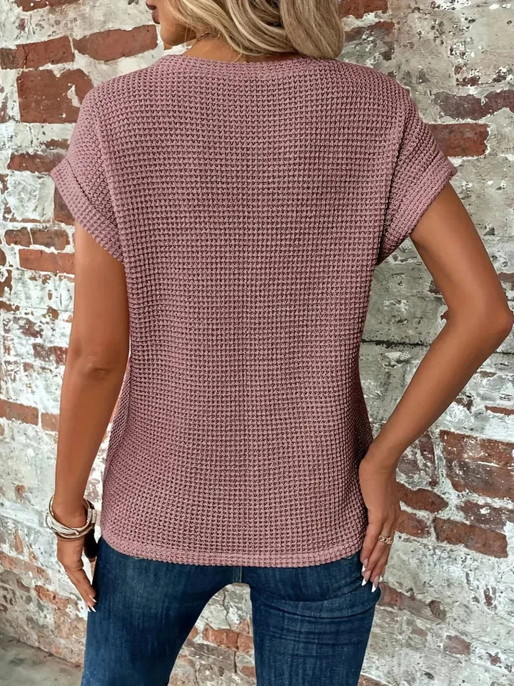 Waffle Knit Short Sleeve Top for Women