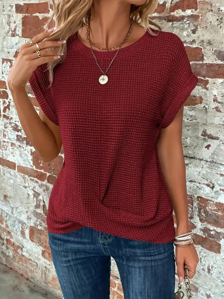 Waffle Knit Short Sleeve Top for Women