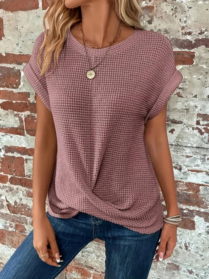 Waffle Knit Short Sleeve Top for Women