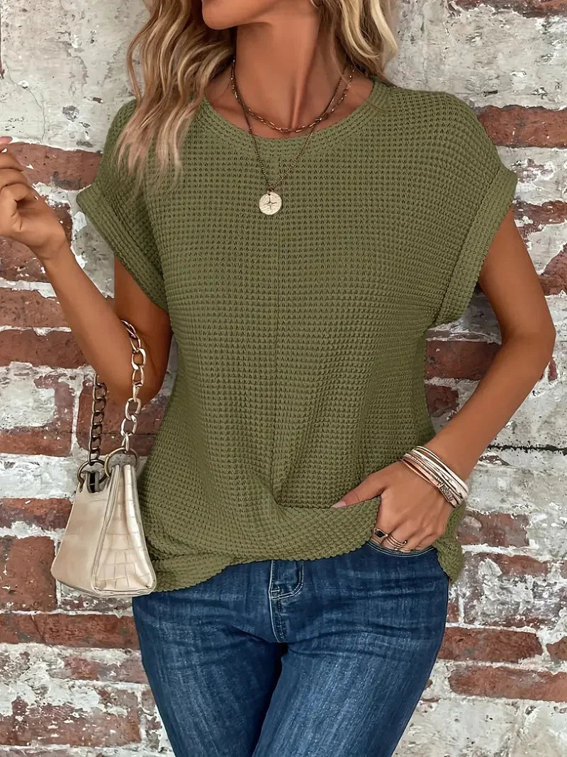 Waffle Knit Short Sleeve Top for Women