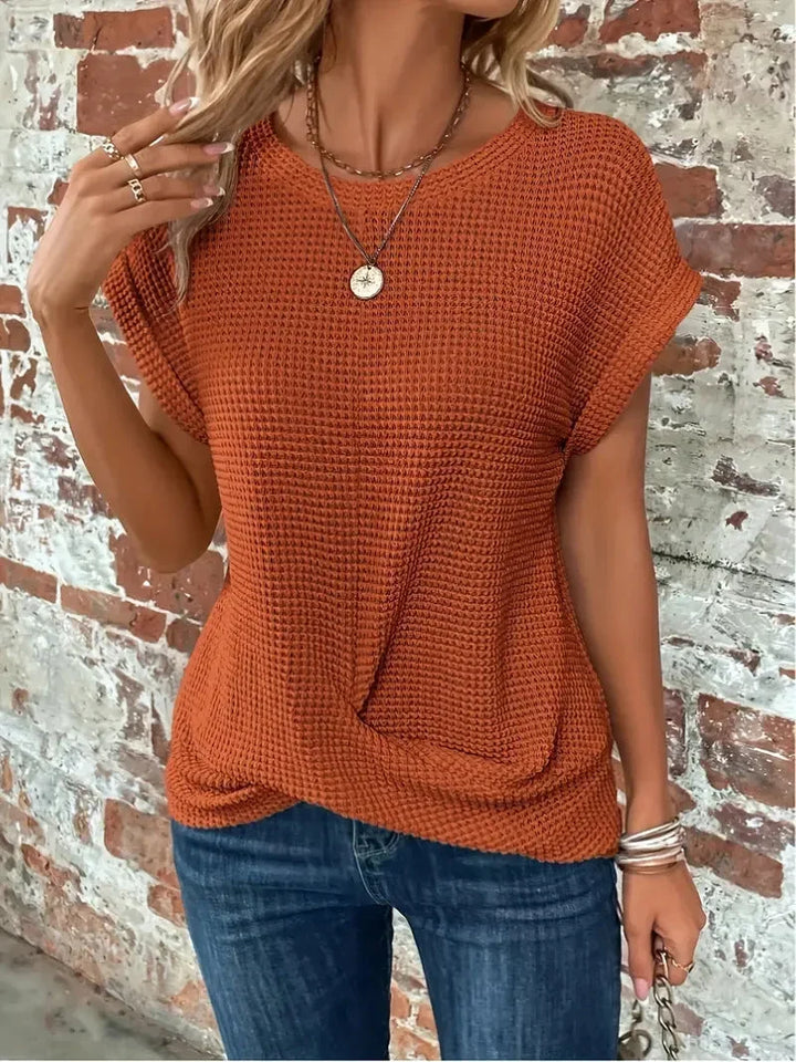Waffle Knit Short Sleeve Top for Women