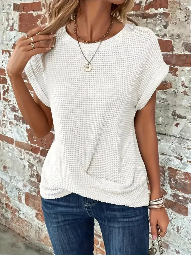 Waffle Knit Short Sleeve Top for Women