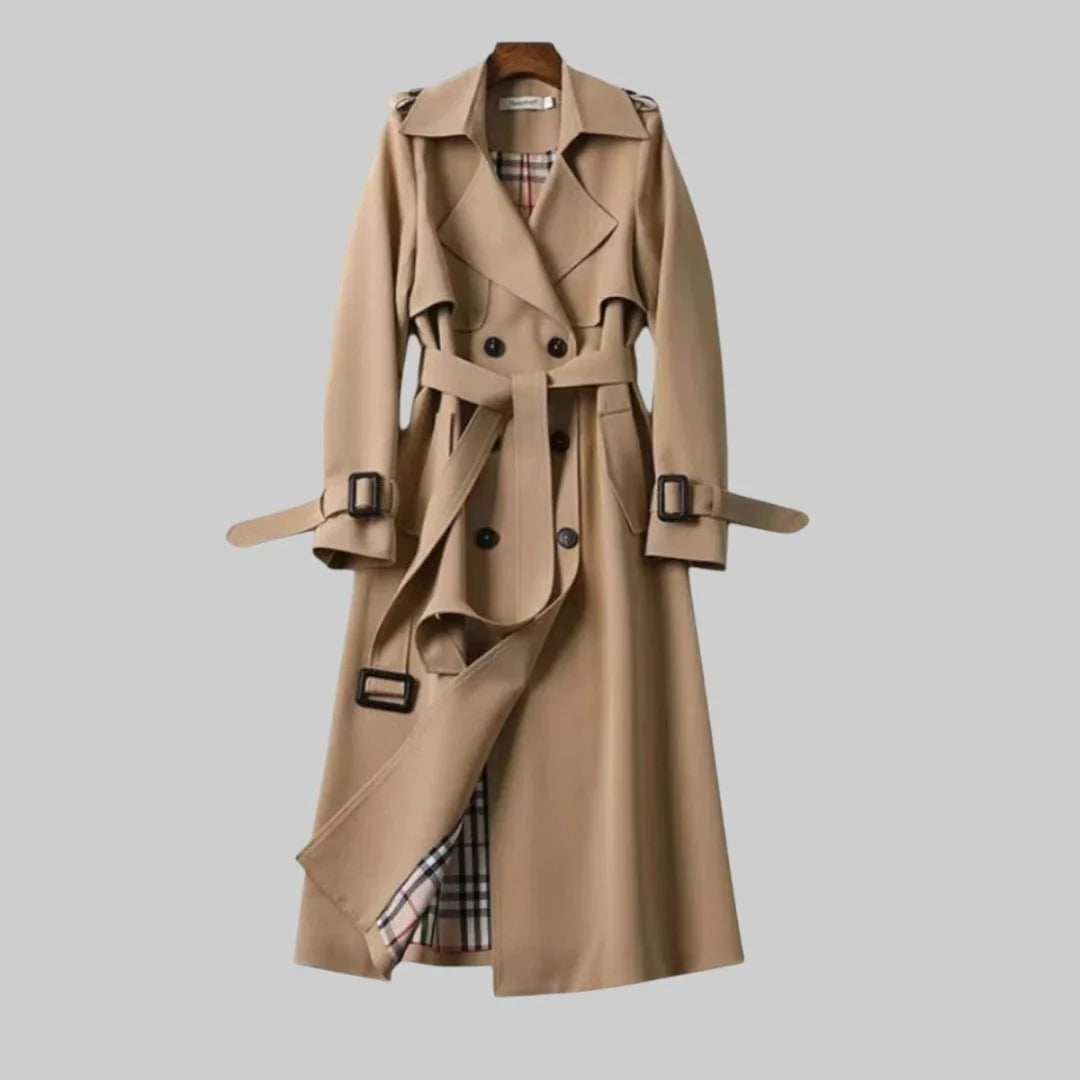 Women's beige double-breasted trench coat with belted waist and plaid lining